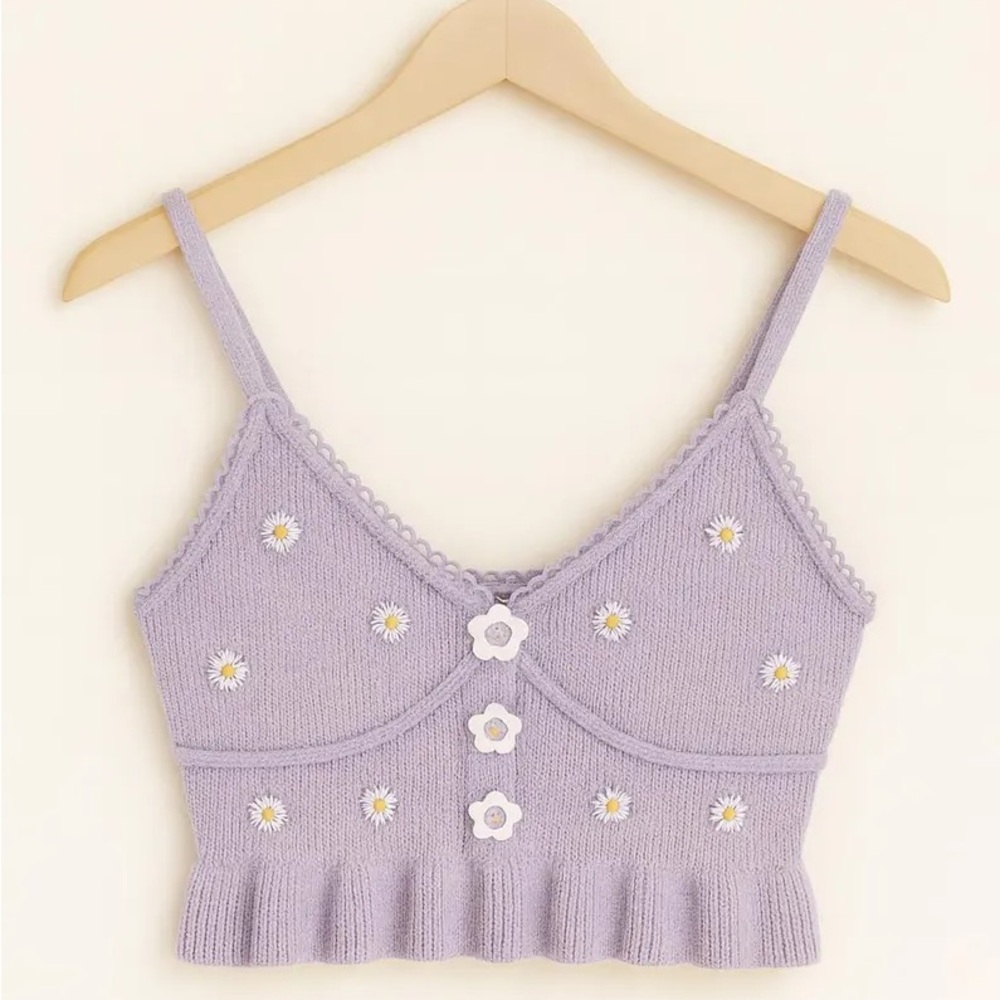 Lavender Knit Floral Embellished Crop Top